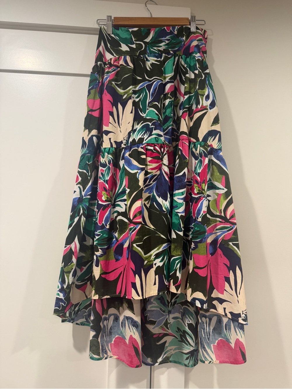 Express Floral High-Low Skirt in Pink, Green & Navy